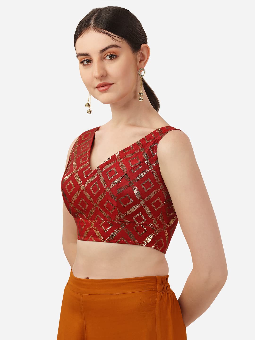 Oomph Women's Indian Ethnic Wear Designer Zari Work V Neck Sleeveless Blouse For Saree Or Lehnga And Blousepalazzos Or Skirts For A Fusion Twist.