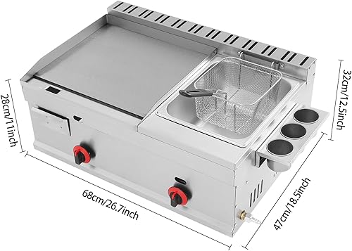 Miniatura 4 de Combo comercial de freidora y plancha, estación de cocina portátil 2 en 1 con control de fuego individual, freidora de gas con cesta para barbacoa