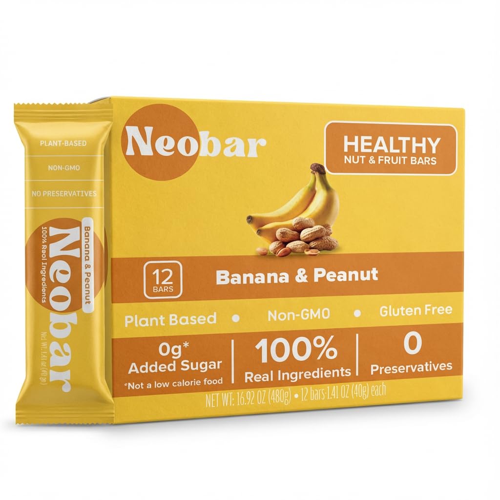 NEOBAR Banana Peanut Fruit and Nut Bars - Plant-Based Vegan Snack Bars, Gluten Free Dairy Free Snacks, No Added Sugar, No Preservatives, Non-GMO | 12 Count