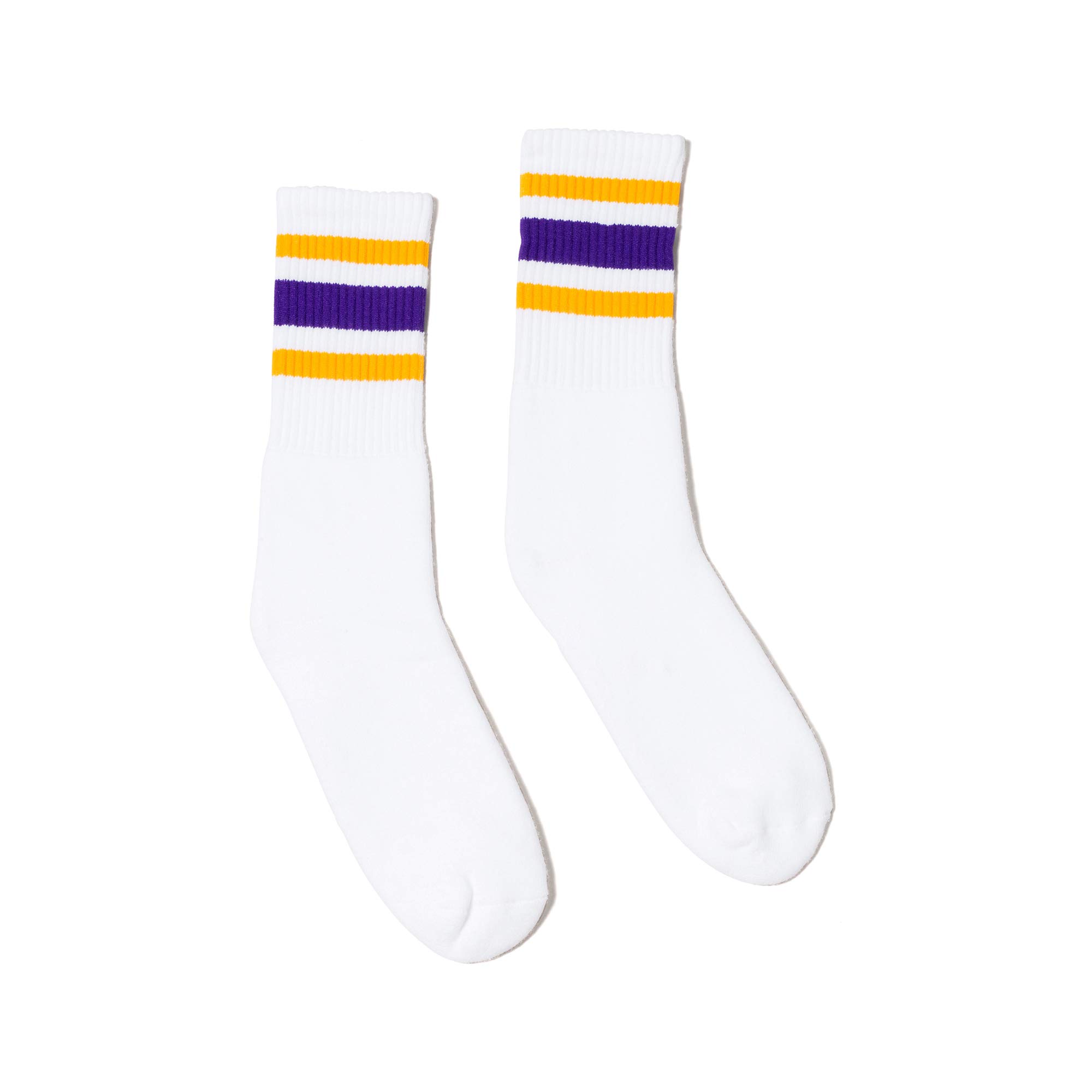 SOCCOWhite with Gold and Purple Stripe Crew Socks Made in USA