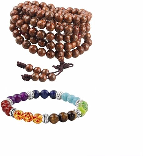 rockcloud 108cuentas de oración budista tibetano de madera natural pulsera Mala Collar 7piedras healig Chakra Meditación