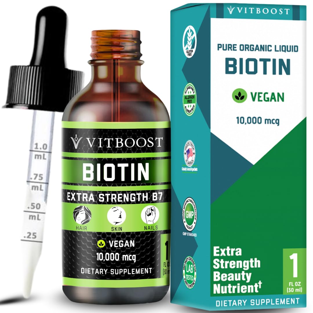 Biotin Liquid Drops 10,000mcg with Organic Berry Flavor | 60 Servings | Extra Strength Vegan Formula Supports Hair Growth, Strong Nails, Healthy Skin | NO Artificial Preservatives