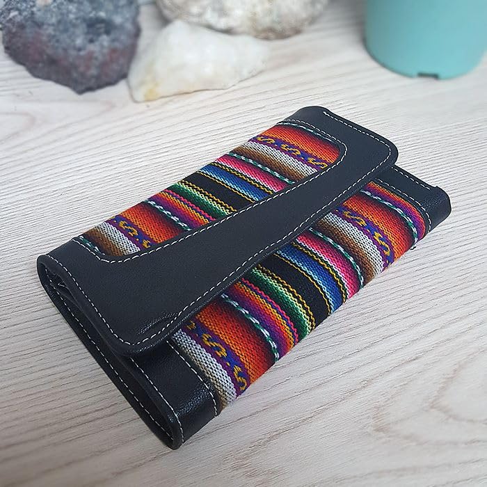 Mia Jewel Shop Multicolored Tribal Print Striped Pattern Leather Trifold Wallet ID Window Card Slots - Womens Fashion Handmade Bags Boho Travel Accessories (Black)3