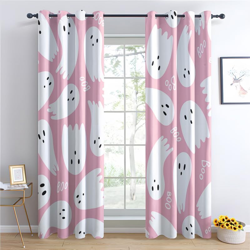 Ghost Curtains for Bedroom Living Room, Halloween Pink Blackout Curtains 63 Inch Length 2 Panels Set, Thermal Insulated Grommet Drapes, Decorative Patterned Window Treatments 29x63
