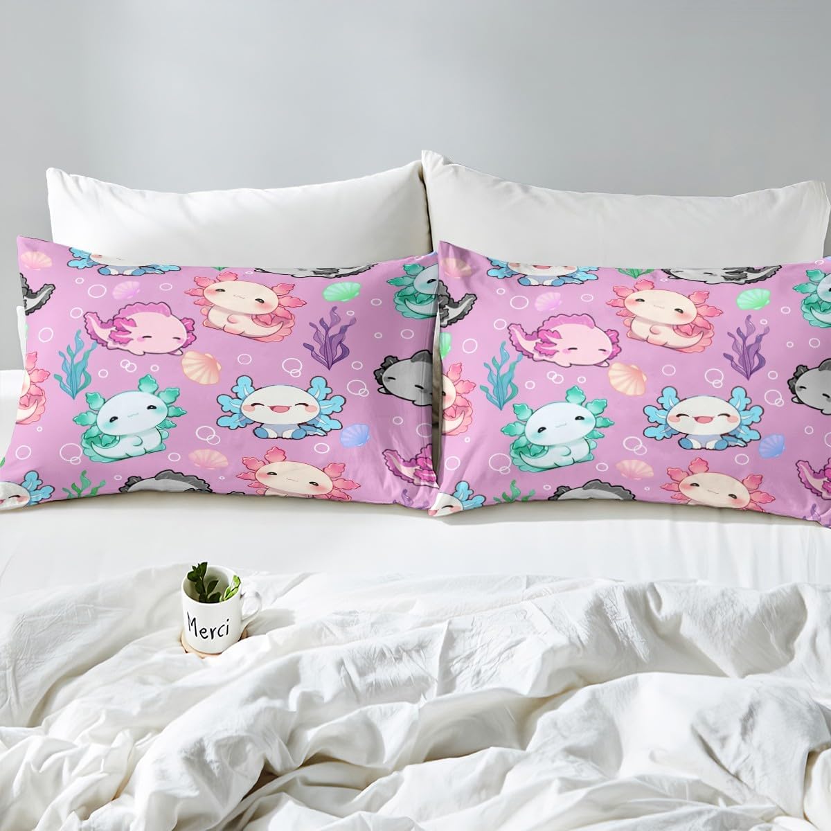 Cute Axolotl Bedding Set Queen Size Cartoon Salamander Bed Sheets Set Adults Kawaii Ocean Sealife 4 Pieces Sheet with 16 Inch Deep Pocketst Purple Blue Room Decor with 2 Pillow Case All Season Soft