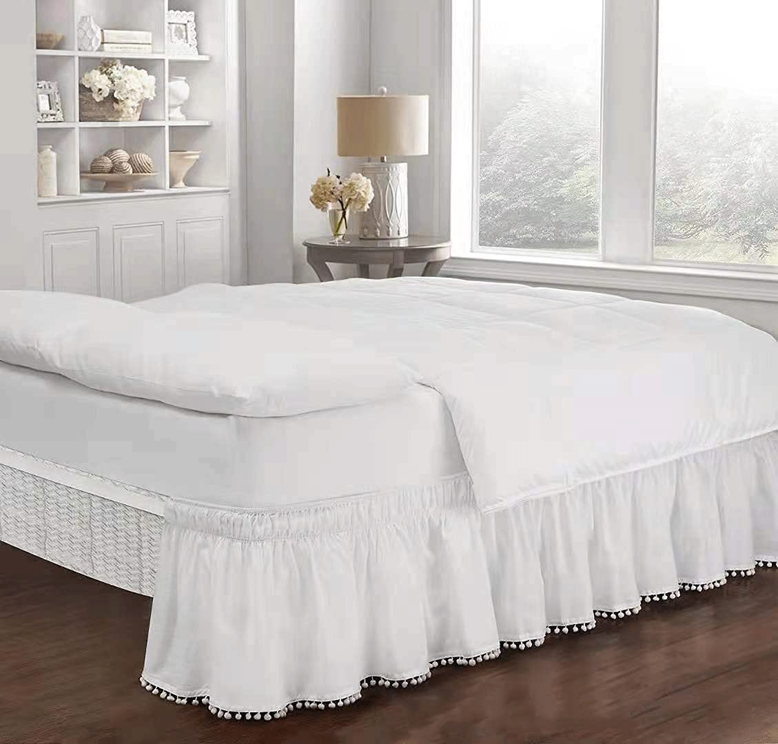 Gonna Da Letto Con Volant E Angoli Divisori - Queen (152x203 Cm) + Caduta 40 Cm - Bianco, Microfibra