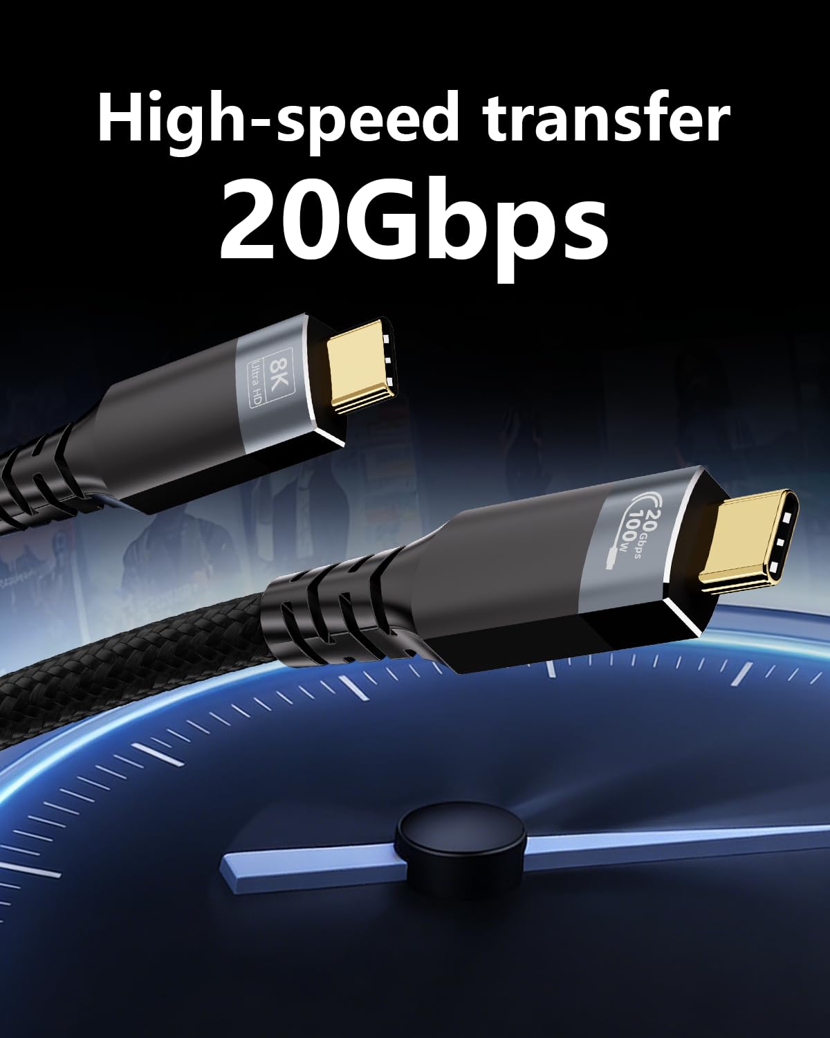 Pacco da 2 Cavi usbc-c lungo 6 mt, compatibili con Thunderbolt 3 e Type-C, 20Gbps, ricarica rapida 100W 5A, supporto video 8K@30Hz e 4K@120Hz, treccia in nylon, universali per notebook, SSD