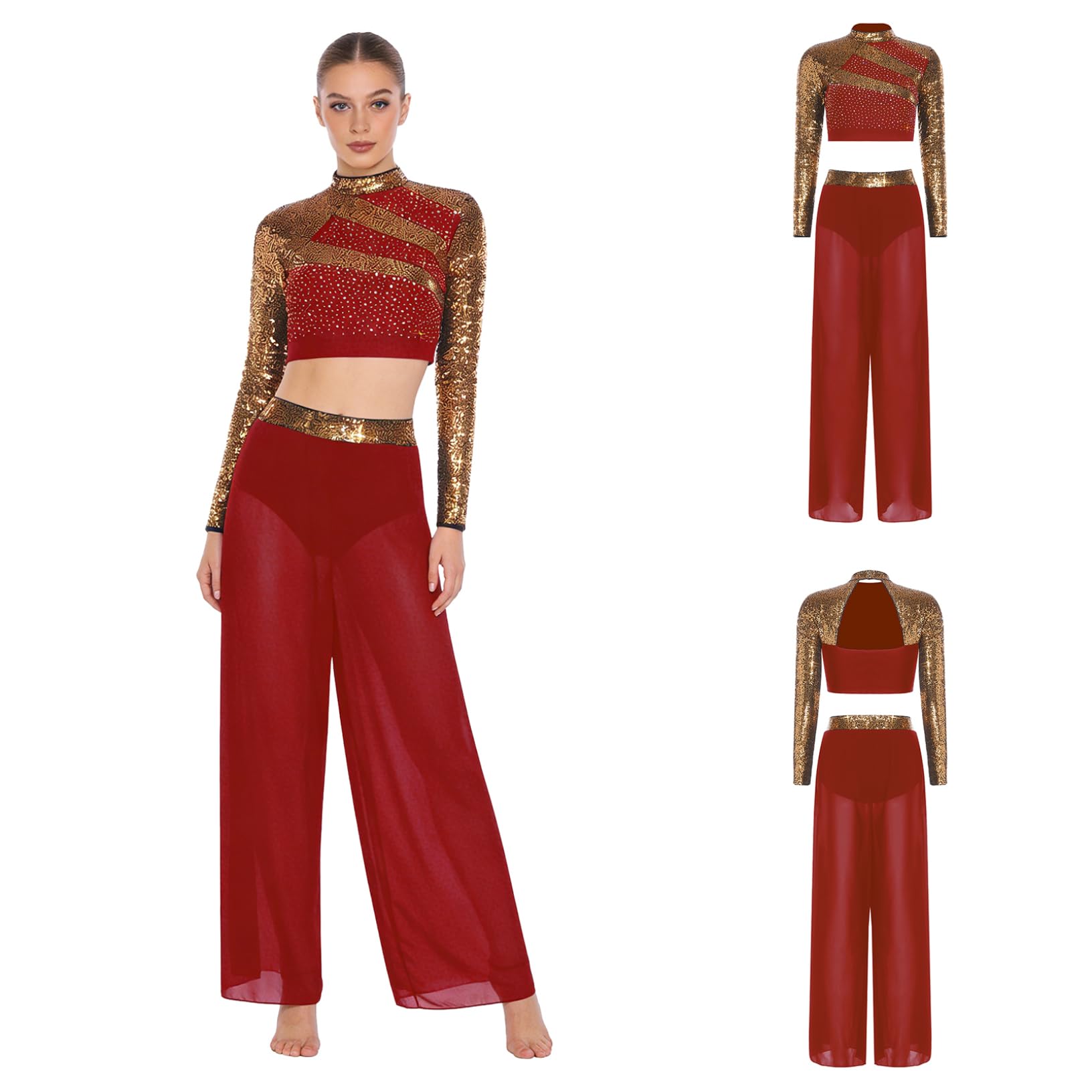 Conjunto de Traje de Baile Jazz para Mujer con Lentejuelas Crop Top de Manga Larga y Pantalones Traje de Gimnasia Rítmica Conjunto de Baile Lírico S-XXL borgoña XXL