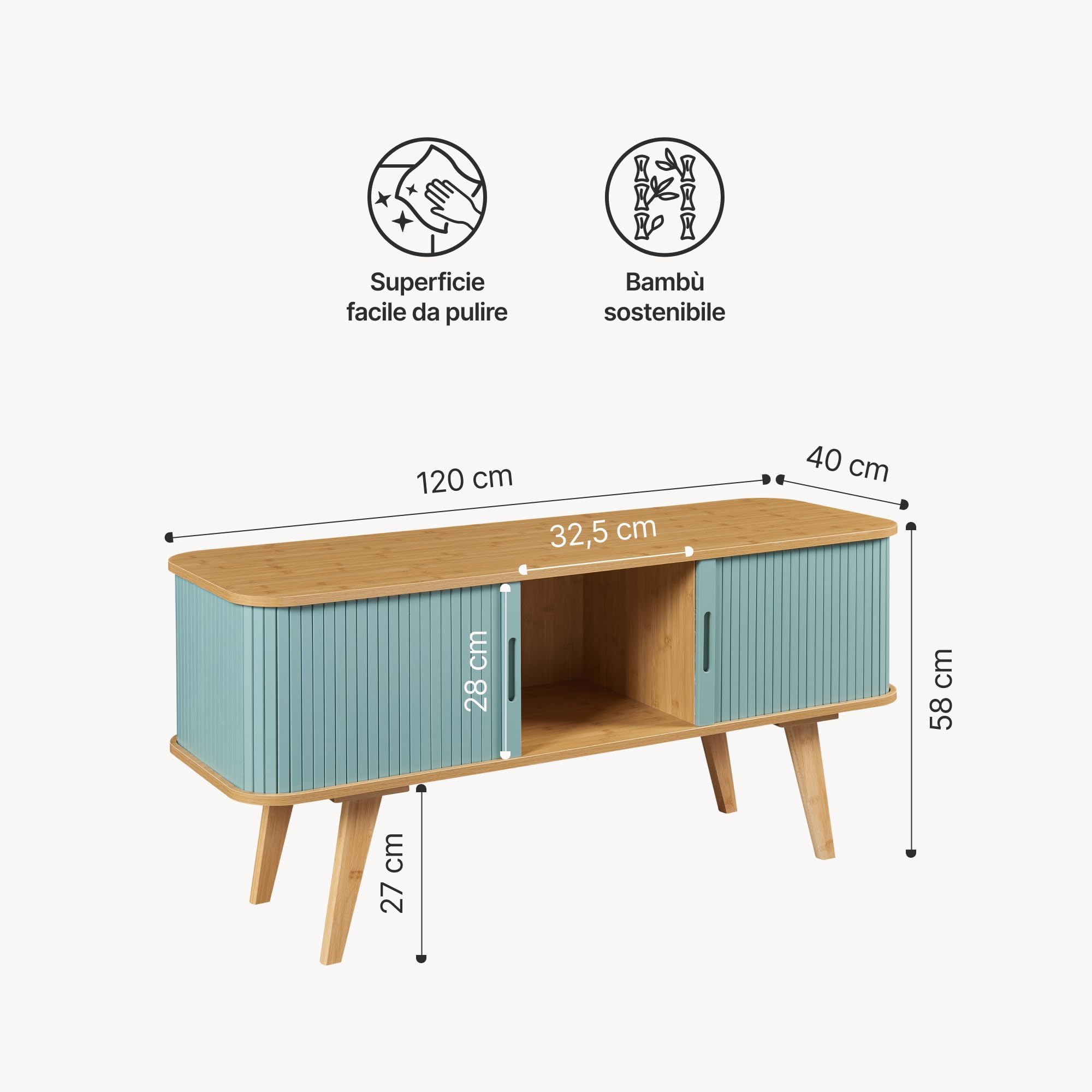 [en.casa] Mobile Tavolino Porta TV con Scomparti e Ante Scorrevoli Armadio Basso Stand TV e Centri Multimediali 120 x 40 x 58 cm - Naturale/Azzurro