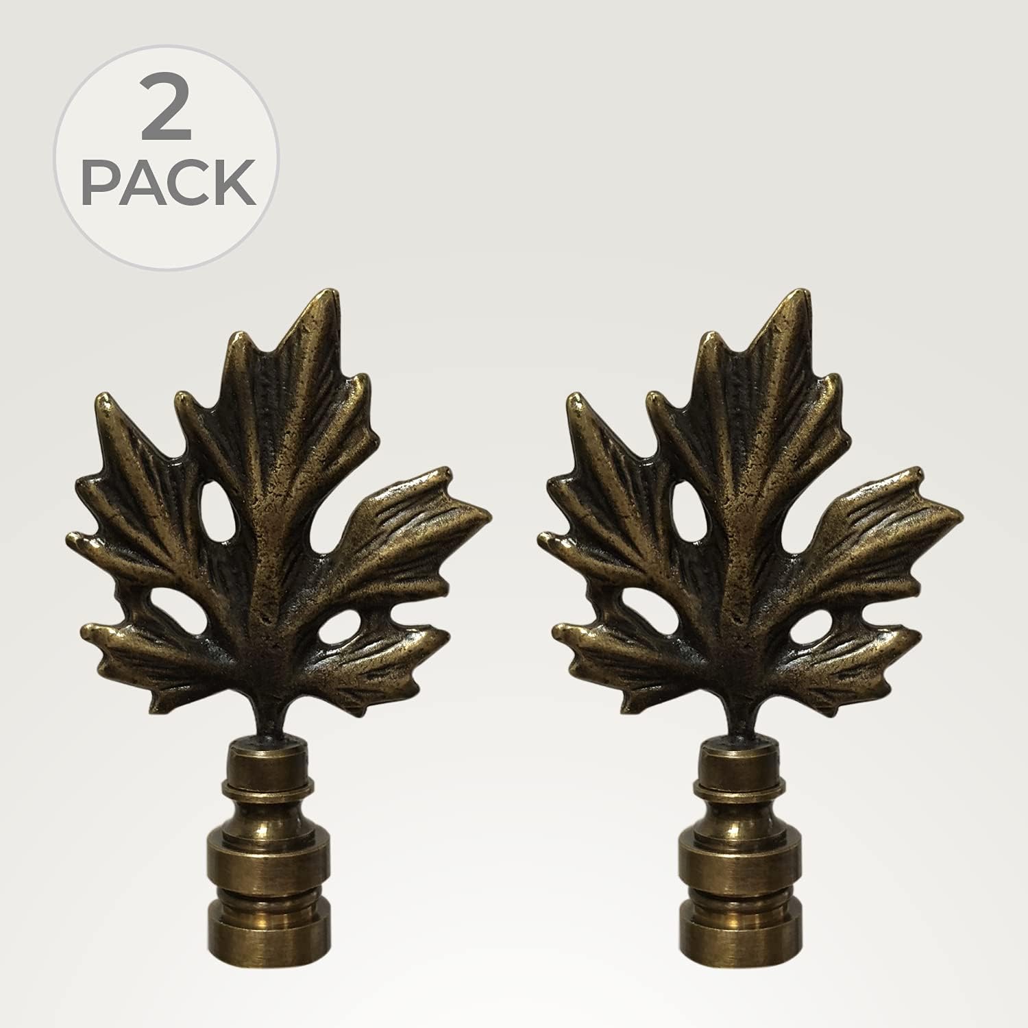 Royal Designs Maple Leaf Design 3" Lamp Finial for Lamp Shade, Antique Brass - Set of 2