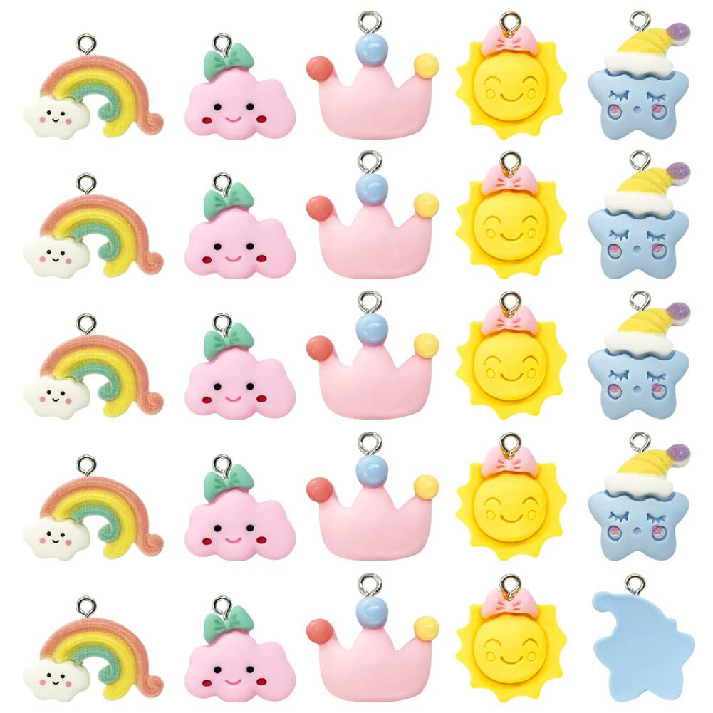 25 Pcs Cute Rainbow Stars Sun Cloud Crown Charm Polymer Clay Rainbow Stars Sun Cloud Crown Pendant Charm Slime Charm Mobile Phone Strap Key Bag Decoration Diy Jewelry Making