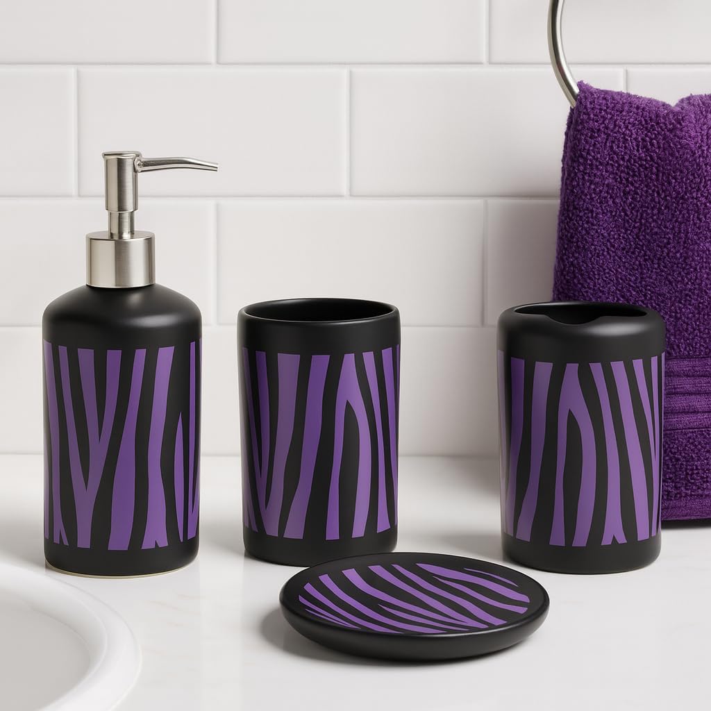 4 Piece Ceramic Bathroom Accessories Set - MARBLE Look Rose Gold White - Our Complete Bath Decor Kit Includes Designer Soap or Lotion Dispenser - Toothbrush Holder - Tumbler - Soap Dish (Marble White)