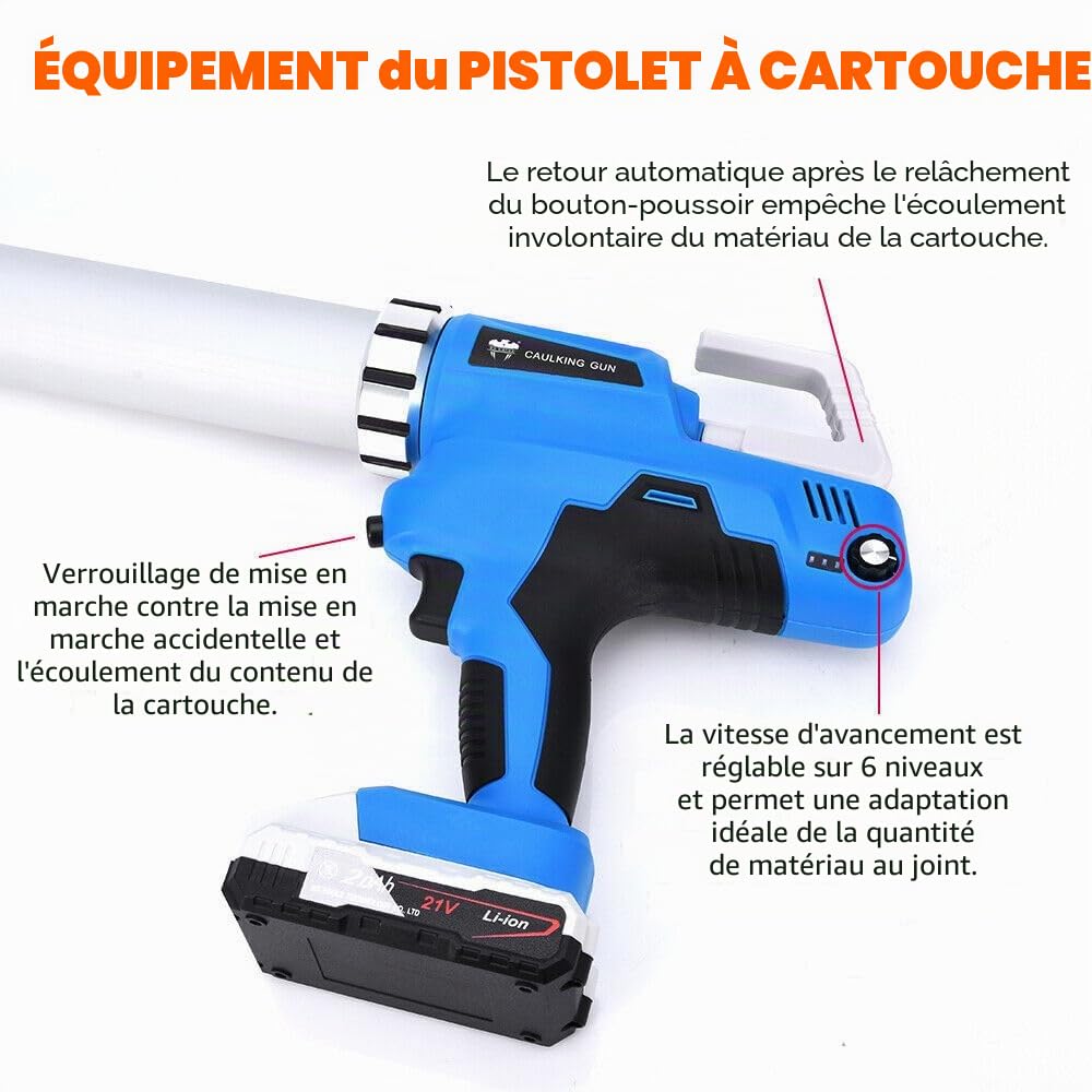 Pistolet à cartouche sans fil en silicone, 2 batteries 21 V, pour cartouches de 300 ml, sac à tuyau de 600 ml, 6500 N, 6 vitesses, chargeur inclus, seringue électrique en silicone avec LED