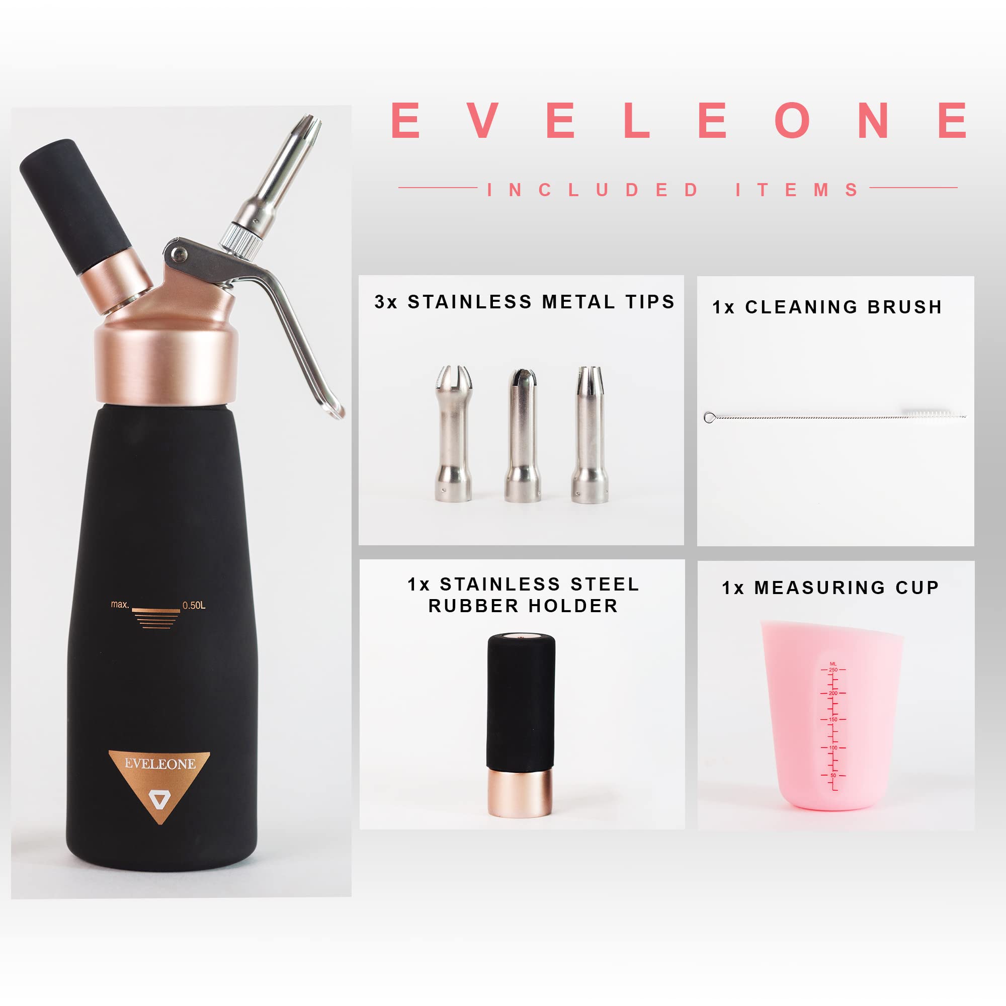 Professional Whipped Cream Dispenser with Stainless Steel holder - Heavy-Duty Whip Cream Dispenser - Whipped Cream Maker Canister with Silicone Measuring Cup Cleaning Brushes and Stainless Metal Tips