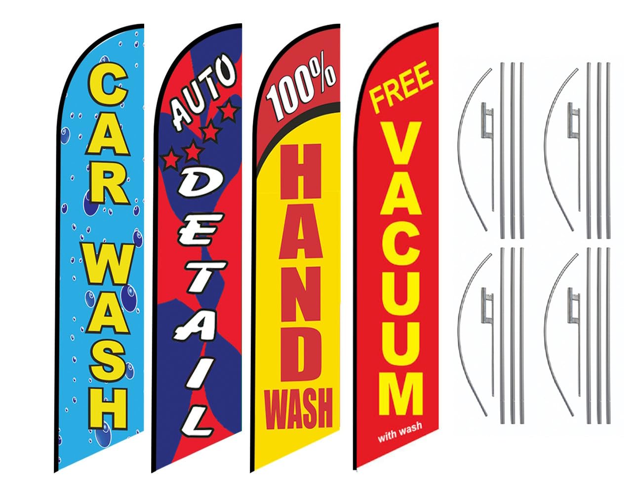 4 Pack - Car Wash Advertising Swooper Feather Flags – Auto Detail, 100% Hand Wash, Vacuum, and Car Wash Slogans, Includes Feather Banners, Poles &