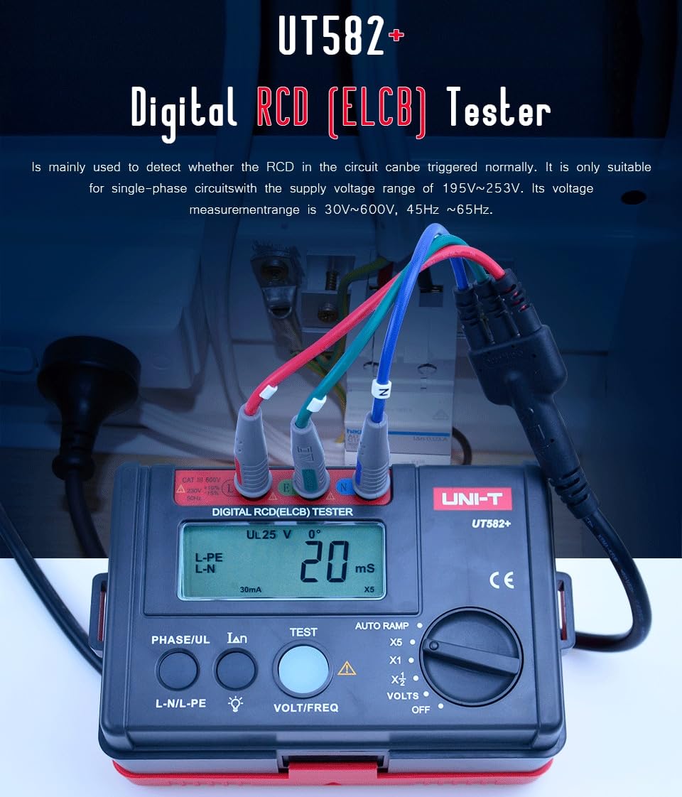 UNI-T Uni-Trend UT582+ Digital RCD (ELCB) Tester AUTO RAMP Leakage Circuit Breaker Meter with Mis-Operation Buzzer