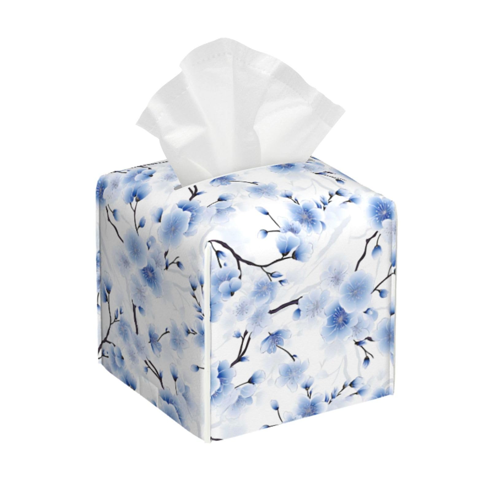 Tissue Box Cover Blue White Cherry Blossom Square PU Leather Tissue Box Holder for Car Bathroom Bedroom Desk Tabletop Decor