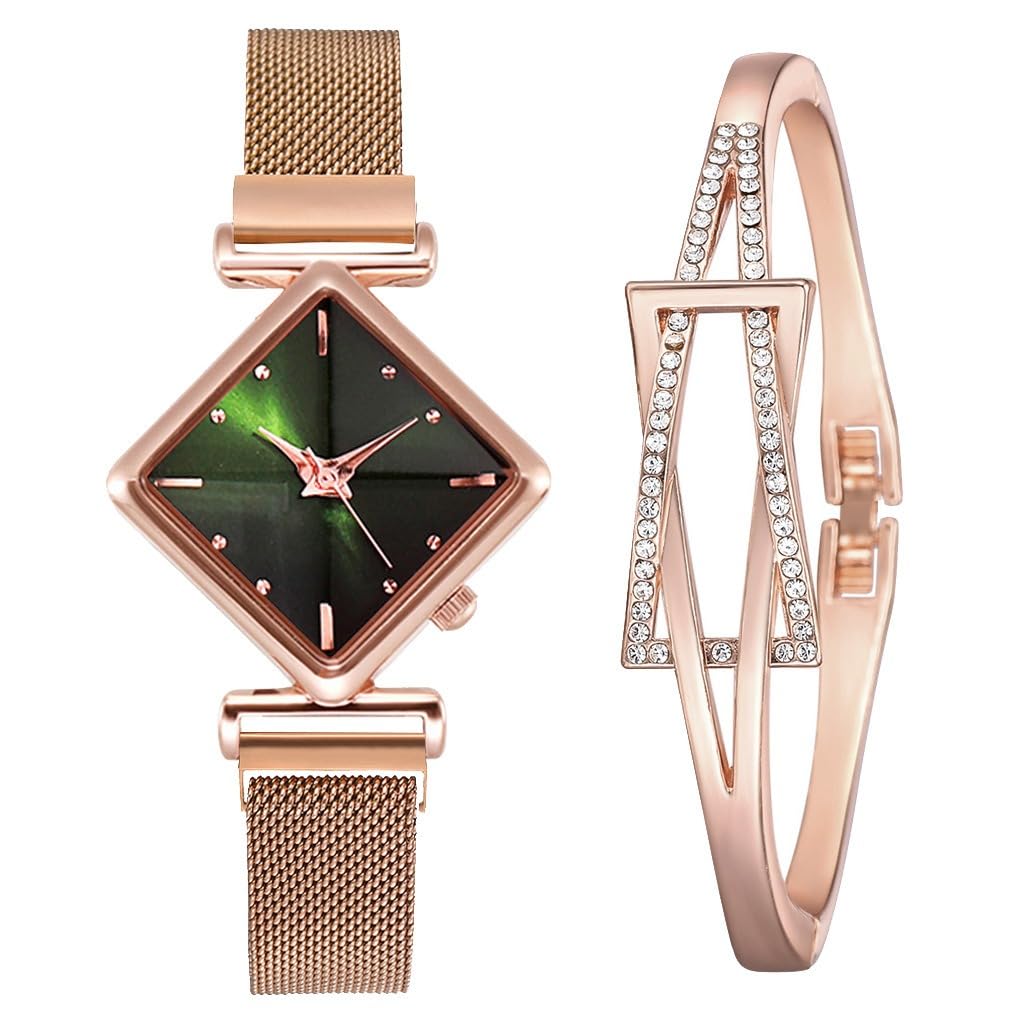 Fashion Womens Watch with Bracelet Gifts Set Leather Watches Lady Female Elegant Luxury Wrist Watches Ladies Stylish Bracelet Watches Green