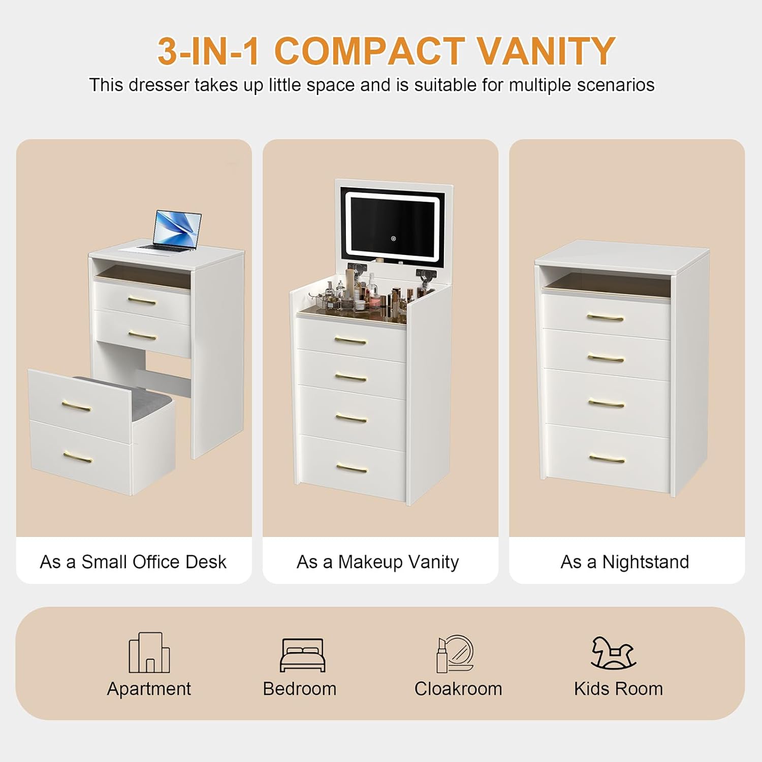 3 in 1 Vanity Desk with Flip Top Mirror and Lights, Compact Vanity with Hidden Chair, Visible Glass Desktop, 3 Drawers, 3 Light Mode, Small Dressing Table Set for Bedroom, Dressing Room, White