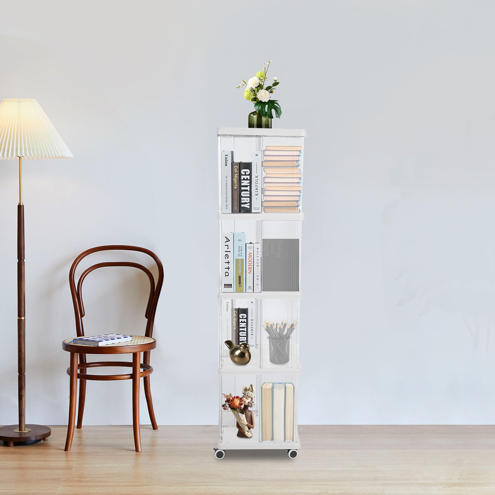 4 Stufiges Bücherregal, Bücherturm Freistehend mit 4 Räder Multifunktionales Lagerregal zur Aufbewahrung von Büchern Zeitschriften CDs Snacks