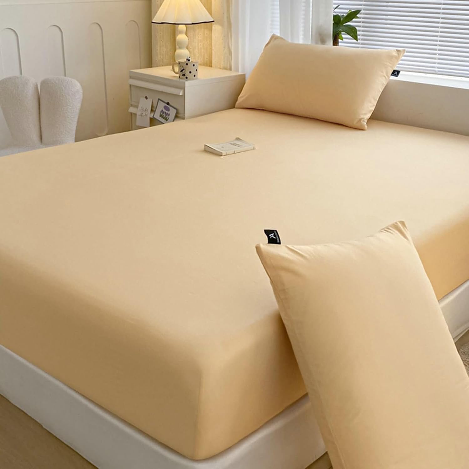 Beydodo 2-12 inch Fitted Bed Sheets with Deep Pocket, Bed Sheet 120x200cm Solid Beige, Cotton Fitted Bed Sheet for Dorm