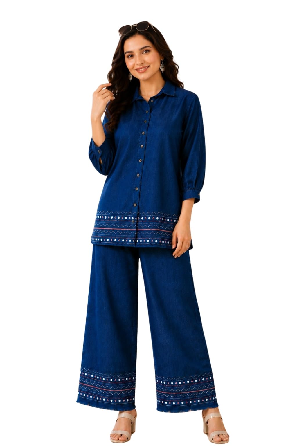 Women Navy Blue Straight Shirt & Wide Leg Pant Co-Ord Set | Embroidery Work |-picture-25