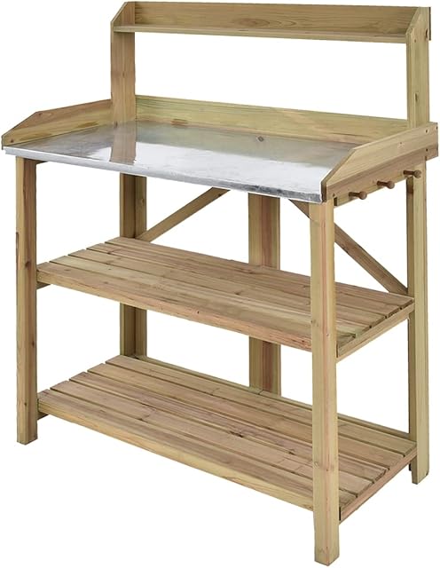 GiantexUK Garden Planting Bench, Wooden Outdoor Potting Table with Metal Tabletop, Flower Plant DIY Workstation for Patios, Courtyards & Balcony