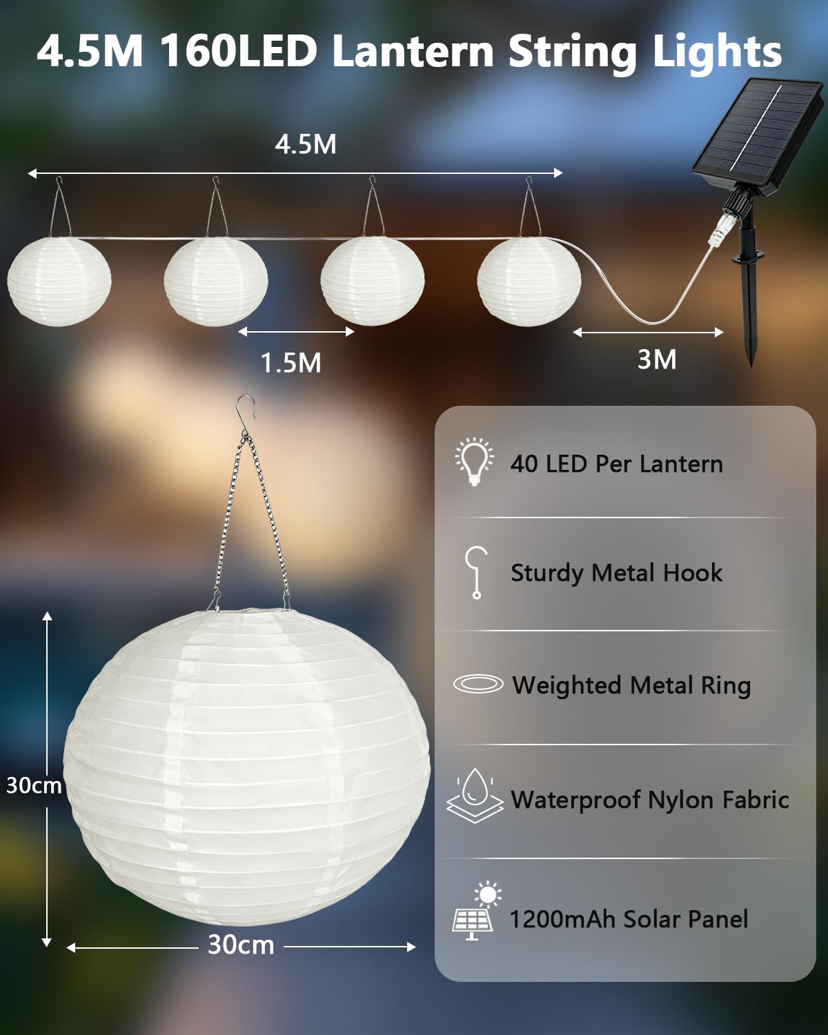 4,5 m, 160 LED, luci solari per esterni, 1200 mAh, IP65, resistente alle intemperie, con 4 lampade da 30 cm/40 LED, 8 modalità, grandi lanterne, lampade solari per esterni, balcone, giardino, terrazza