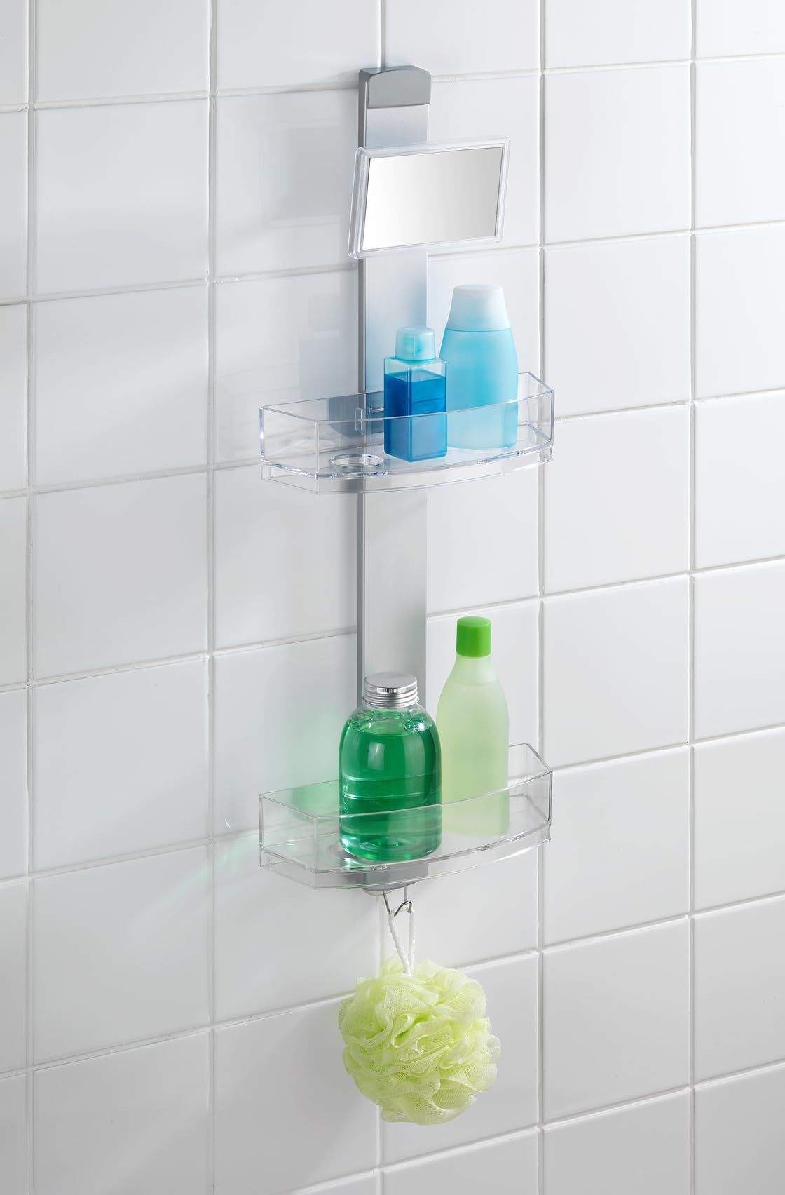 WENKO Duschcaddy Premium, Duschregal mit Antibeschlagspiegel, 2 Ablagen & Edelstahlhaken, einfaches Aufhängen an der Duschwand, Befestigung ohne bohren, aus Aluminium und Kunststoff, 25 x 71 x 10,5 cm