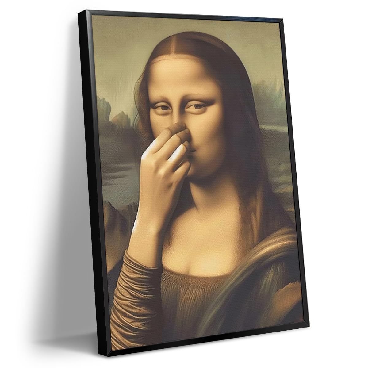 Humor Mona Lisa Bathroom Canvas Wall Art Funny Mona Lisa Pinching Nose Poster Amusing Fine Art Oil Painting