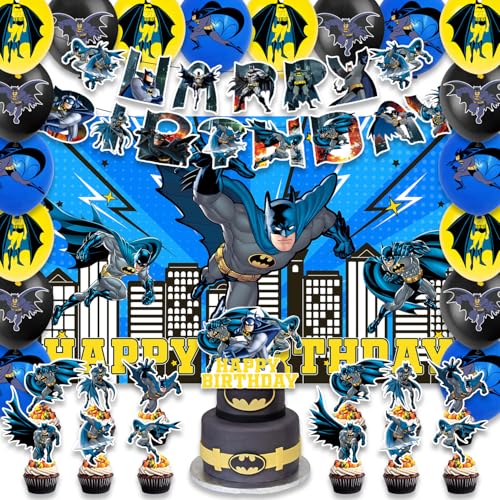 42pcs Batmans Birthday Party Supplies Pack Includes，Banner，Cake Topper，Blackdrop,Balloons for Bat