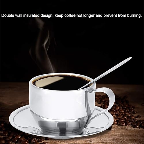 Miniatura 9 de Juego de tazas y platillos de 4 onzas, taza de café con aislamiento de doble pared de acero inoxidable con platillo y cuchara para café, café con