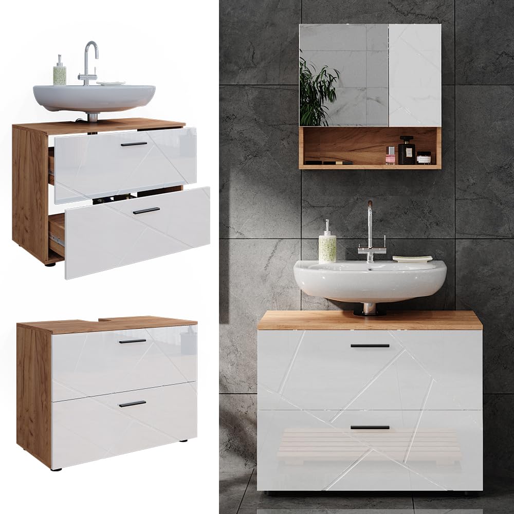 Vicco Mobile sottolavabo per bagno Irma Bianco lucido/Rovere 80x58.6 cm | adatto per l'installazione sopra il sifone con aperture di aerazione