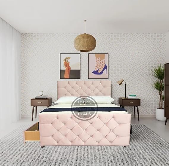 Pink Plush Velvet Divan Bed Frame with 26 inches Chesterfield headboard