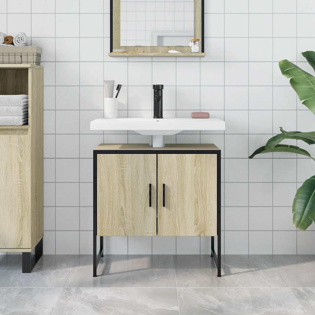 Mobile sottolavabo in rovere Sonoma, 60 x 33 x 60 cm, in legno con vano portaoggetti, mobile da bagno con anta e scomparto per bagno, salvaspazio, adatto per WC e lavabo degli ospiti