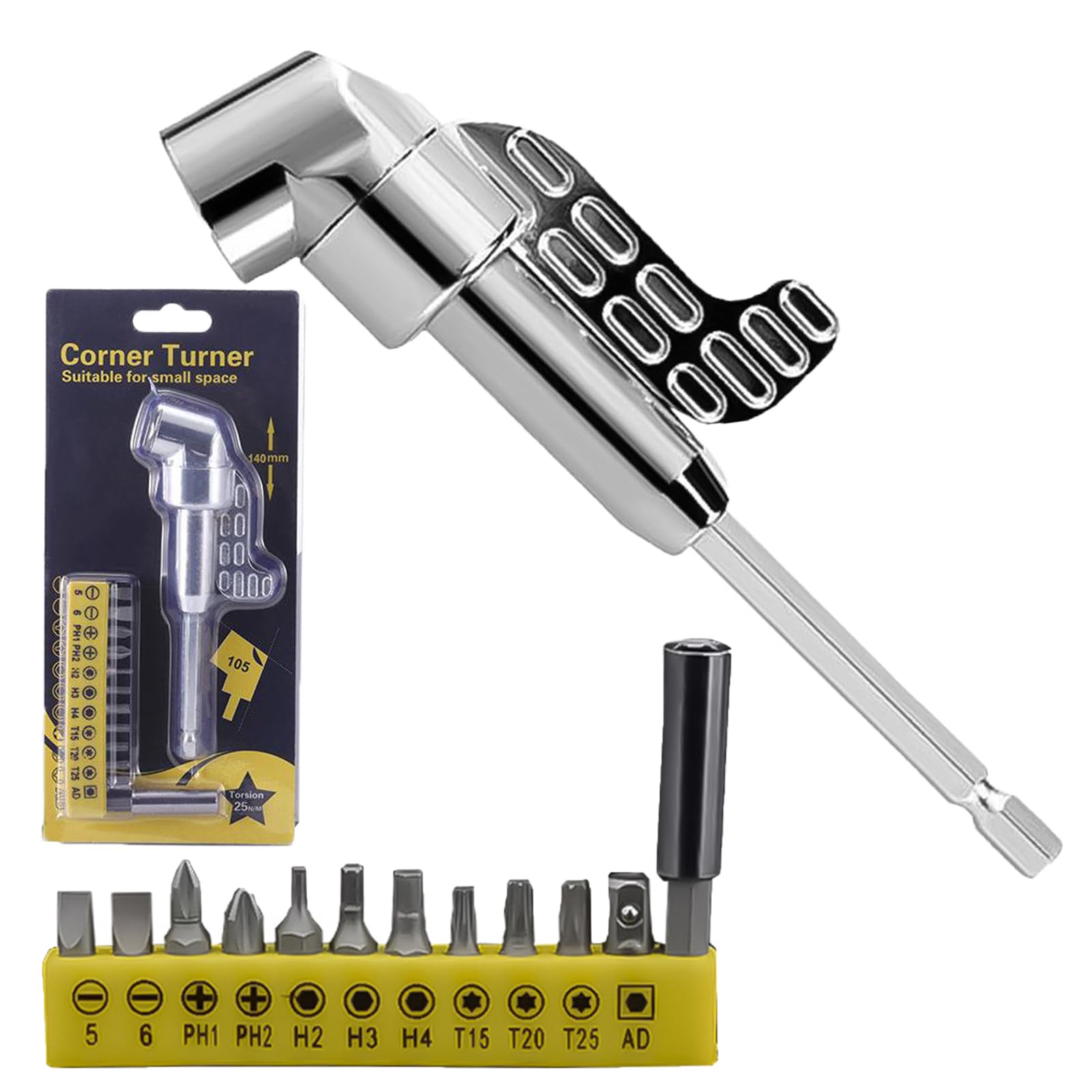 105 Degree Right Angle Drill Adapter Kit, Upgraded Corner Tool Screw Hub Including 12Pc Multifunctional Screw Bits Suitable for Home and Workshop Varity of Tight Space Drilling Screwdriving (Long)