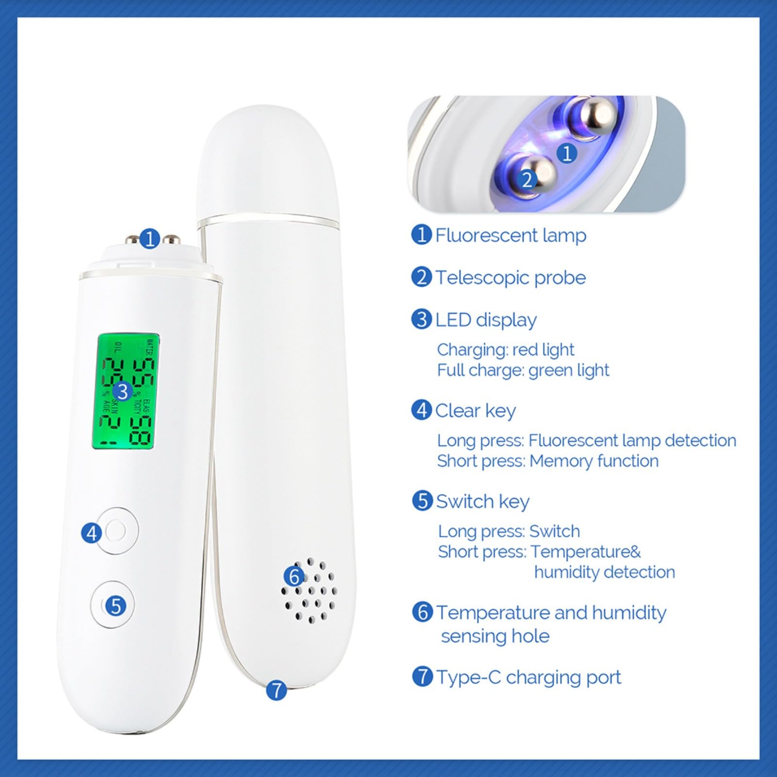 Tester di idratazione della Pelle, Tester di umidità Ricaricabile Display Digitale Display Analyzer per la Pelle Professionista per Il Regalo di Bellezza del Salone Spa Spa spazz