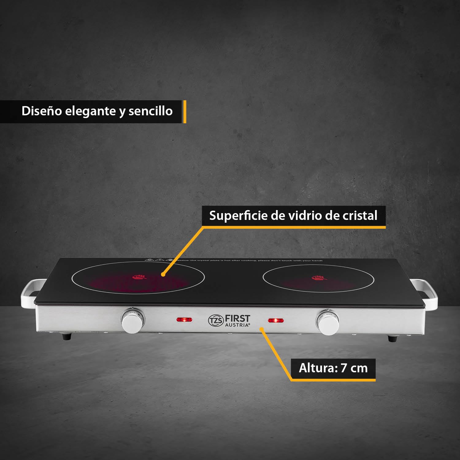 TZS First Austria - Placa de cocción doble infrarrojos vitrocerámica TODOS los tipos de ollas 2800W - Mini Hornillo eléctrico para mudanza, camping y hogar - Regulación continua y luz de control