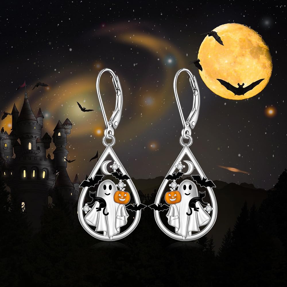 Halloween Earrings for Women Bat Ghost Earrings Sterling Silver Halloween Gifts Ghost Dangle Black Cat Moon Earring Spooky Holiday Jewelry