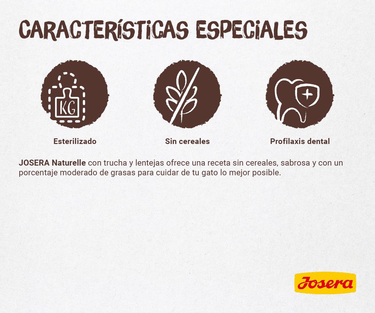 JOSERA Naturelle (1 x 10 kg) | Adultos | Pienso seco Gatos Adultos esterilizados | Aves y Trucha | con un Contenido moderado en Grasas | Sin Cereales | Pack 1
