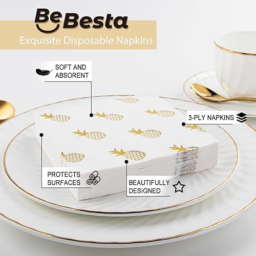 Miniatura 3 de Paquete de 80 servilletas de cóctel de papel blanco con patrón de piña de lámina dorada, suministros de fiesta (5 x 5 pulgadas, 3 capas)
