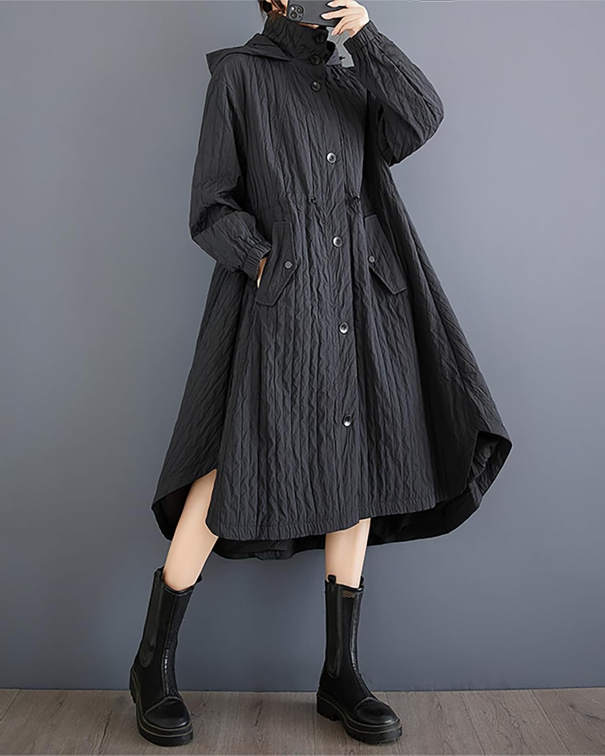 ellazhu Women's Coats Hooded Long Sleeve Oversize Button Down Long Maxi Hem Solid Outerwear Side Pockets GZ670 A - Image 4