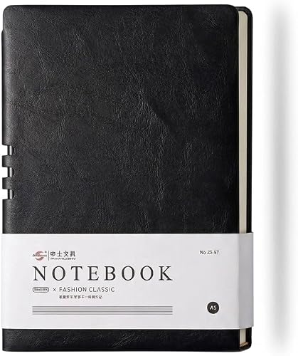 Shenshi Classic Fashion Soft Leather Cover Notebook, A5, 100 Sheets, Spiral Binding, School, Office & Promotional Use (Black)