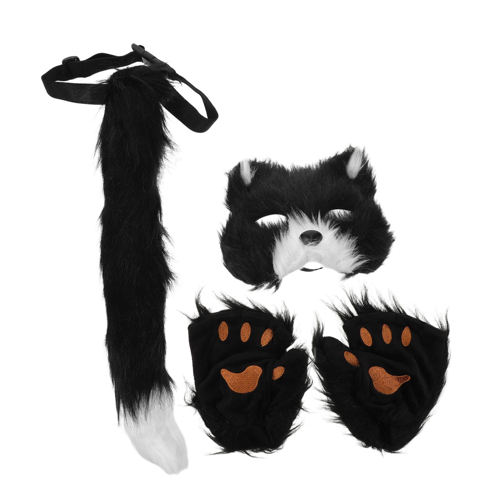 Masque de chat poilu noir, kit complet avec moufles et queue de renard