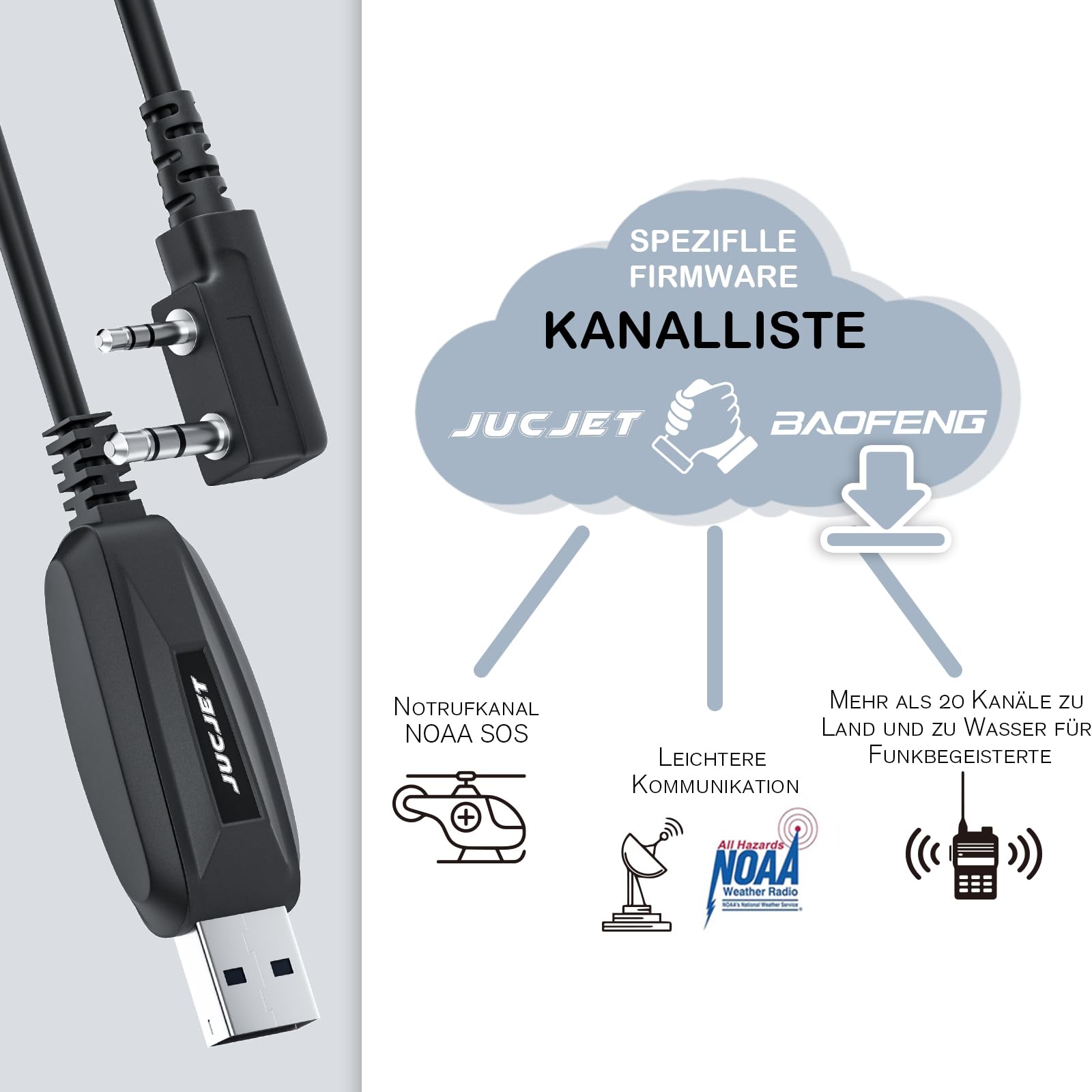 JUCJET Walkie Talkie Cavo di programmazione USB a 2 pin, compatibile con radio Baofeng serie JUCJET UV-5R UV-5RE BF-88E BF-888S Sistema informatico compatibile WinXP / Win7 / Win8 / Win10 (1 pezzo)