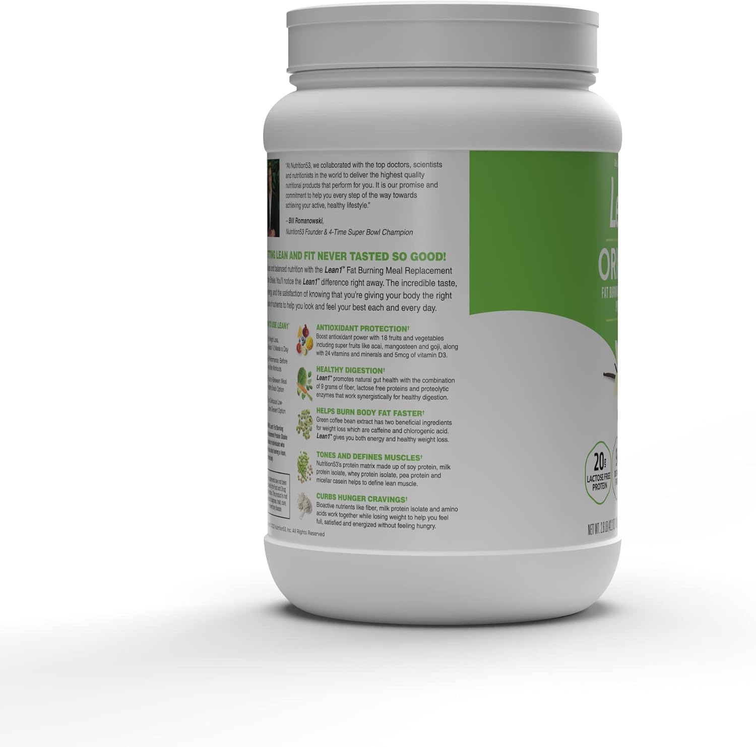 Lean 1 Vanilla Fat-Burning protein Shake by Nutrition 53, Lactose & Gluten Free with Green Coffee Bean Extract, 23 Serving Tub - 42 Oz