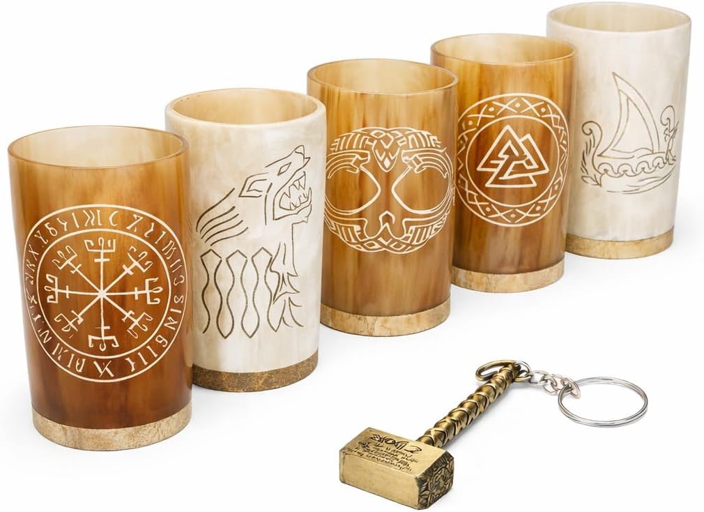 Authentic Viking Drinking Horn Mug Set of 5, Beer Gift for Men and Women, Dad, Husband, Unique Viking Gift, Natural Ox Horn Cup with Thor Bottle Opener, For Beer, Ale, Mead (10 oz/Glass)