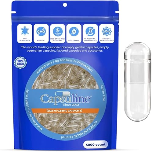 Capsuline Cápsulas de gelatina vacías tamaño 0, transparentes, 5000 unidades, sin gluten, Kosher, con certificación OGM | Pastillas bovinas puras