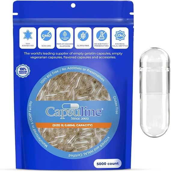 Capsuline Size 0 Empty Gelatin Capsules, Clear - 5000 Count | Gluten Free, Kosher, Non-GMO Certified | Pure Bovine Pill Caps for DIY Supplement Filling