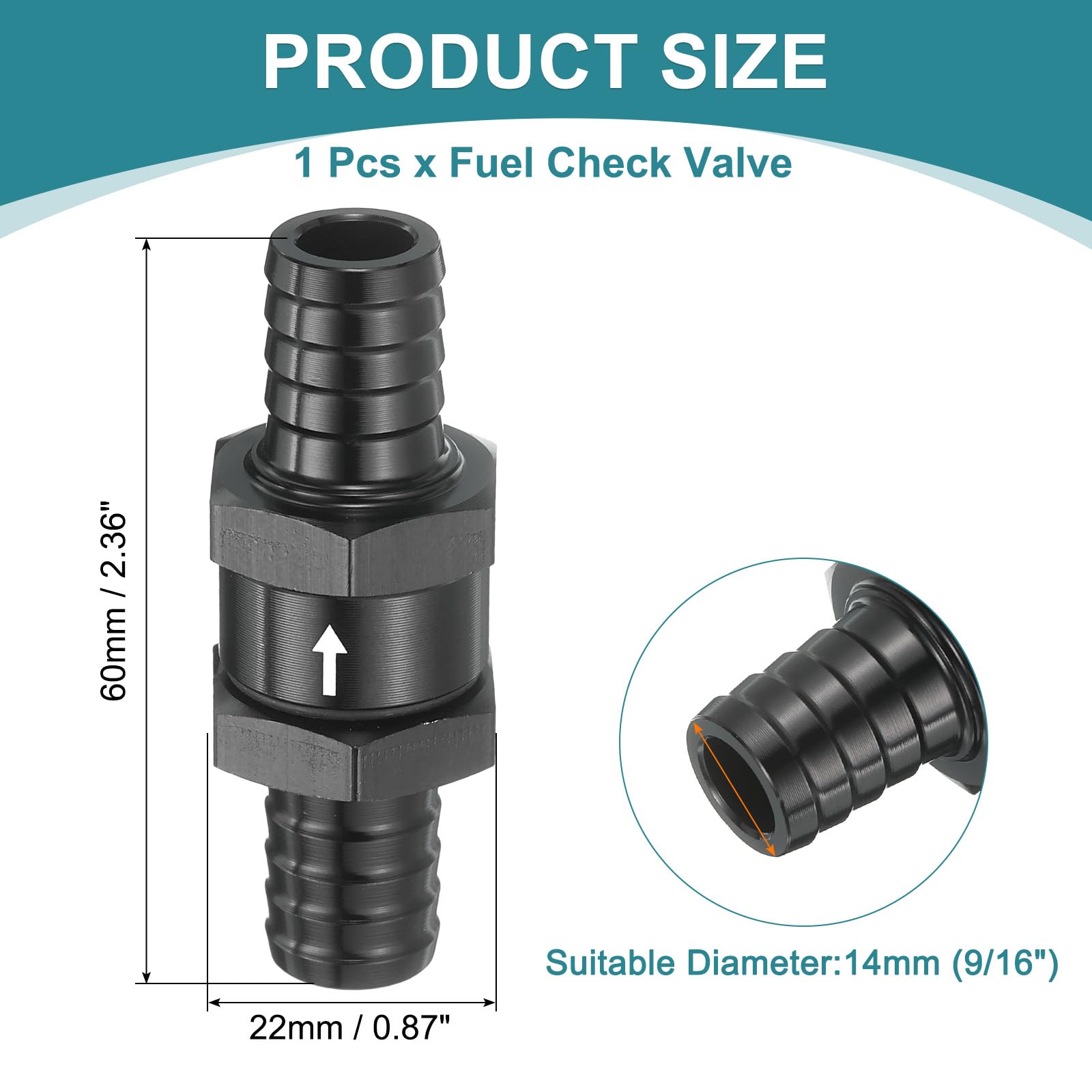 sourcing map 14 mm Kraftstoff-Rückschlagventil, Rückschlagventil, Rückschlagventil, Aluminiumlegierung, Steuerzubehör für Benzin, Diesel, Gas, Öl, Luft, Wasser, Schwarz